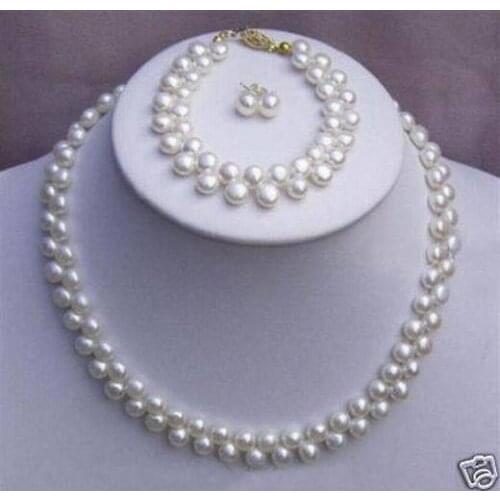 Prett Lovely Womens Wedding natural 7-8mm white AAA+ pearl necklace&earrings&bracelet sets jewelry Ms.-jewelrynoble ladys