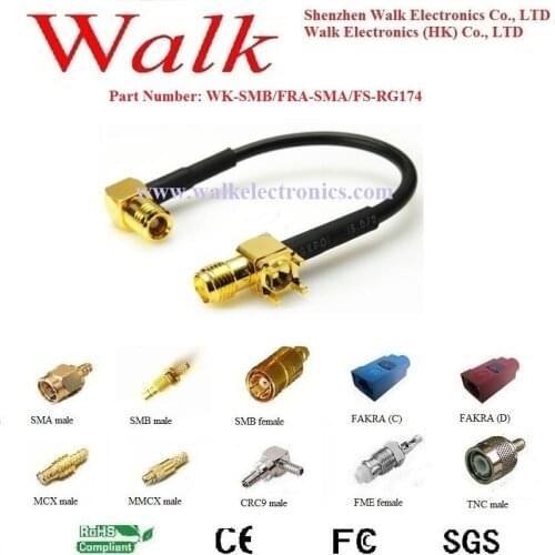 RF cable assembly:SMB female right angle to SMA female straight with PCB mount with RG174 cable