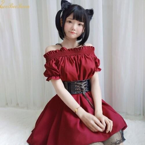 Adult Summer A sexy off-the-shoulder Dress Party clothes For Girls Cosplay costume Female Sweet Wine red Gothic Lolita Dress