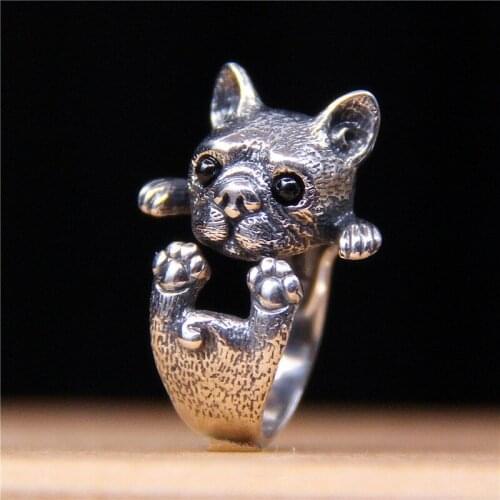 Thai silver ornaments S925 personality lovely French bulldog restoring ancient ways Cute puppy silver ring for women