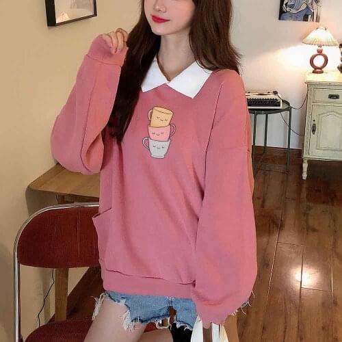 Cartoon Hoodie Women Oversized Sweatshirt Kawaii Sweatshirts Vintage Water Cup Printing Loose Loose Tops Fashion Hip Hop Hoodie