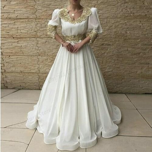 Traditional Kosovo Albanina Prom Dresses A Line V Neck Gold Applique Formal Evening Party Gowns vestido de fiesta