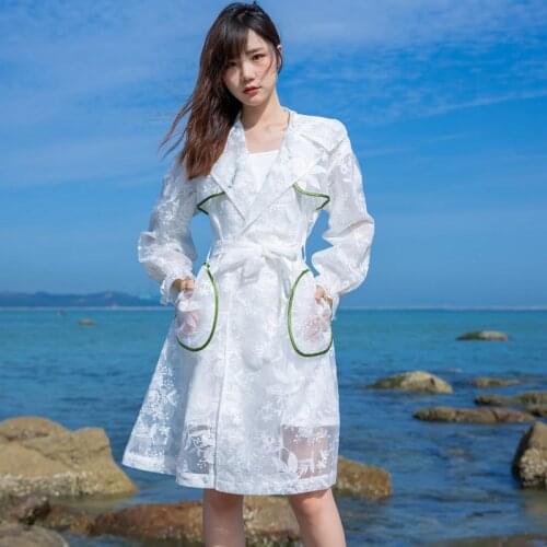 Autumn Fashion Embroidered Lace Lantern Sleeve Outerwear Female 2021 Elegant Women Hooded Casual Belt Loose White Trench Coats