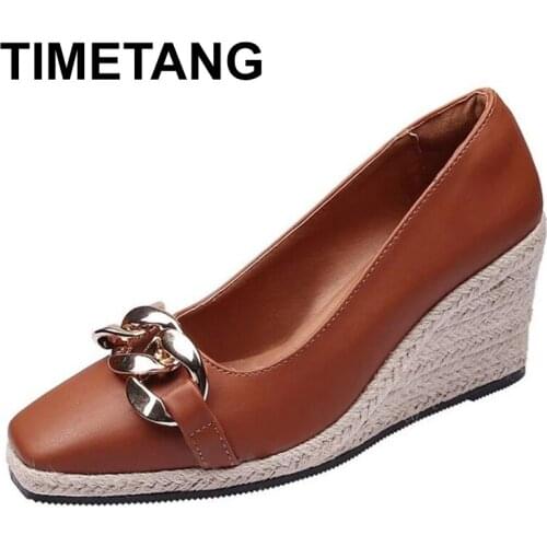 TIMETANG 2021Metal Button Artificial Leather Wedges Shoes Womens Shallow Mouth Espadrilles Spring Autumn New Sandals High Heels