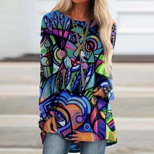 Ladies Loose T Shirt Female Tops Versatile Abstract Face Printed Tee Long Sleeve Clothes Women Plus Size Pullover Vintage Shirts