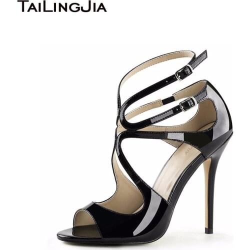 2020 Peep Toe Shiny Black Strappy Sandals Ankle Strap Stilettos Silver Gold Elegant Heels Patent Leather Woman Summer Shoes