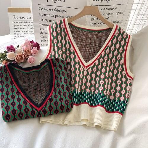 2021 Spring Argyle Sweater Vest Women korean style V Neck Pullover Knitted Vest Sleeveless Jecket chaleco punto mujer