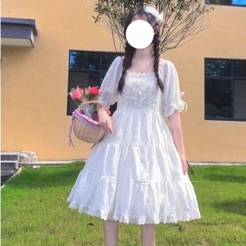 Summer Sweet Japanese Style Clothing Women Fairy Lace Patchwork Dress Short Sleeve Cake Dress Lolita Clothes White Pink Party