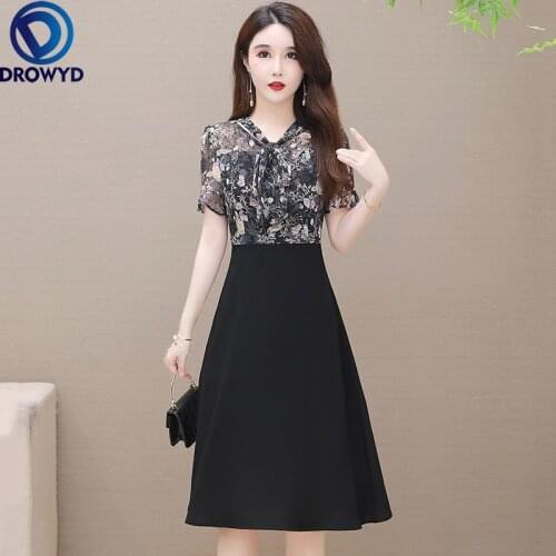 2021 Elegant Black Print Chiffon Sexy Midi Dress Spring Summer Plus Size Vintage Runway Short Dress Women Bodycon Party Vestidos