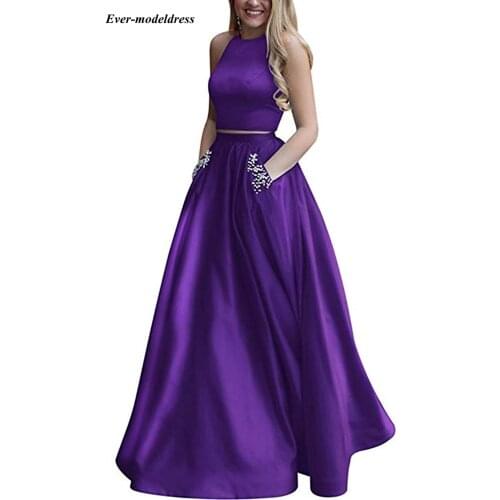 2019 Modest Two Pieces Prom Dresses with Pockets Jewel Open Back Crystals A Line Long Satin Evening Party Gowns Robe De Soiree