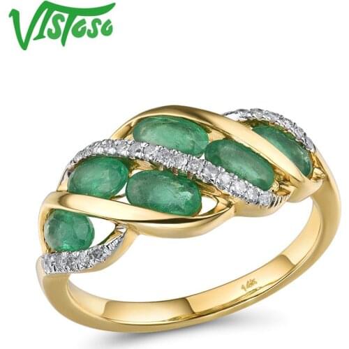 VISTOSO Gold Rings For Women Pure 14K 585 Yellow Gold Ring Natural Oval Emerald Diamond Engagement Anniversary Gift Fine Jewelry