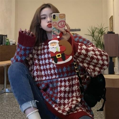 Winter Streetwear Houndstooth Thick Women Sweater Casual O Neck Loose Knit Sweaters Autumn Fashion Warm Oversize Female Pullover