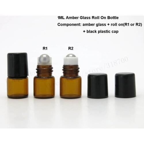 1000 x 1ml Refillable Empty Mini Glass Roll on Bottle 1cc Amber Sample Test Essential Oil Vials with Roller Metal Ball