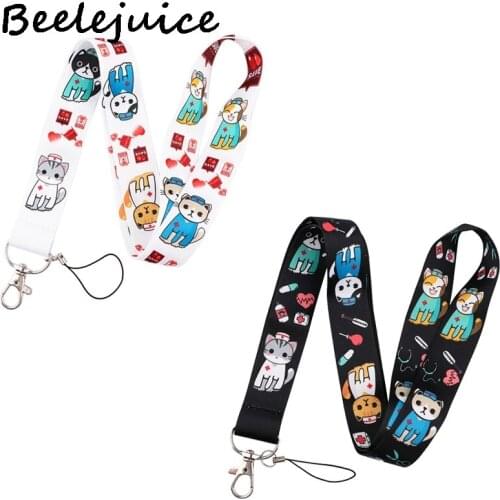 24pcs Doctor Cat Keychain Lanyards Id Badge Holder ID Card Pass Gym Mobile Phone Badge Holder Key Strap Webbings Ribbons Gifts