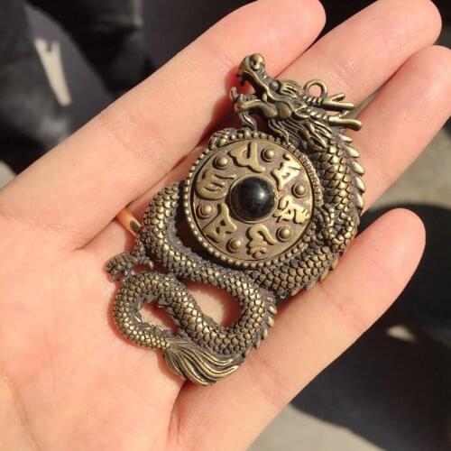 Asian Chinese Old Copper Hand Carved Dragon Statue Pendant Rotate Exorcism Fitting