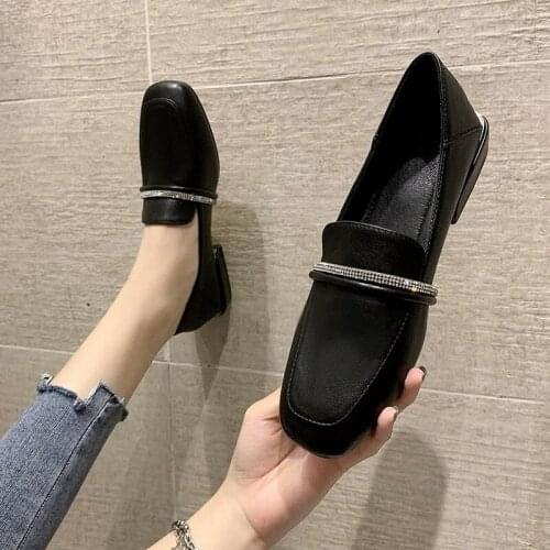 Brand Loafers For Women 2021 Shoes Thick Heel Ladies Pumps Leather Square Toe Crystal Square Heels Party Handmade Shoes Women