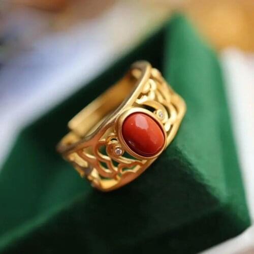 Natural Hetian South Red Tourmaline Hollow Geometric Ring Chinese Retro Designer Craft Charm Womens Brand Silver Jewelry