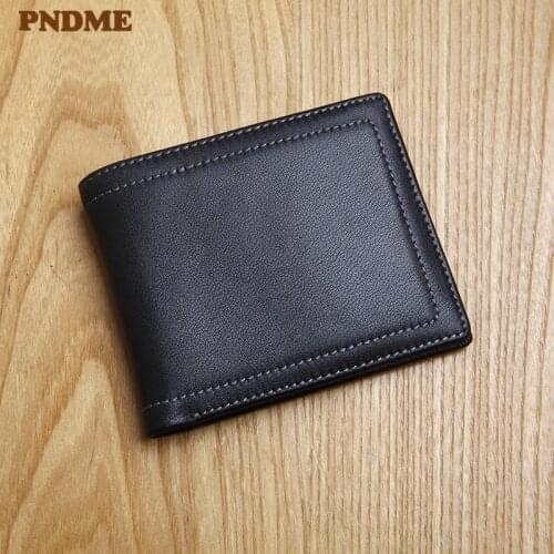 PNDME casual simple first layer cowhide mens small wallet fashion soft genuine leather youth black ID credit card holder purse