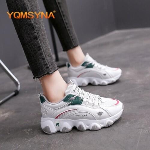 YQMSYNA Casual Vulcanized Shoes Fashion Breathable Mesh Lace-up Round Toe Thick Bottom Shoes Office Non-slip Women Sneakers Q04