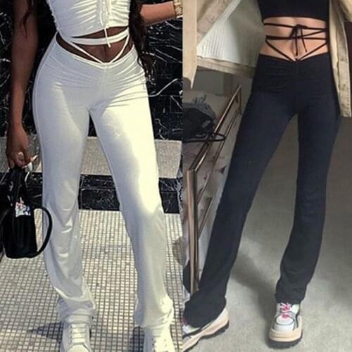 Fashion Bandage Women Straight Pants Solid Elastic High Waist Slim Long Trousers Street Leisure Party Pants