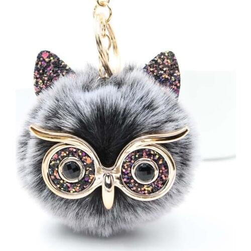 TEH Fashion Lovely Sequin Ear Owl Keychains Fluffy Fake Animal Fur Ball Key Chain Charm Women Bag KeyRings Gifts Брелок