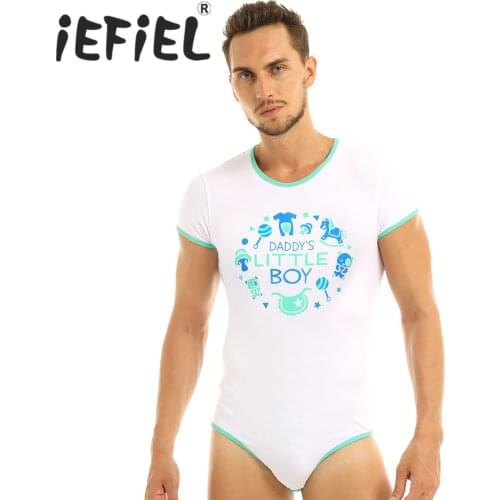 Male Mens Adults One-piece Lingerie Round Neck Short Sleeves Press Button Crotch Front Printed Nightwear Bodysuit Romper Pajamas