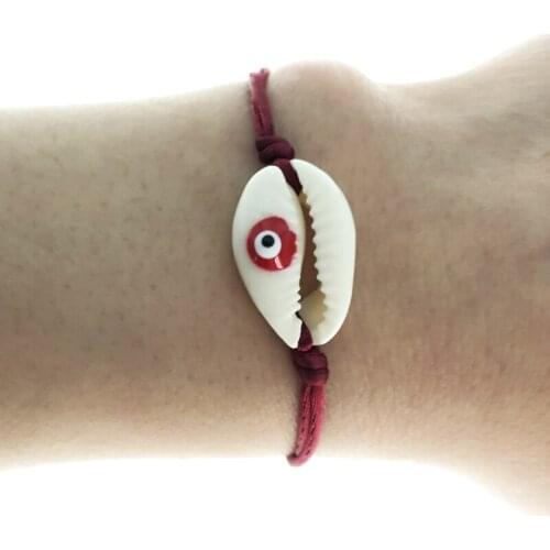 Original Fashion Classic Bracelet Red Wine Color Cord Natural Cowry Shell Evil Eye Enamel Charm Bracelets for Women Holiday Gift