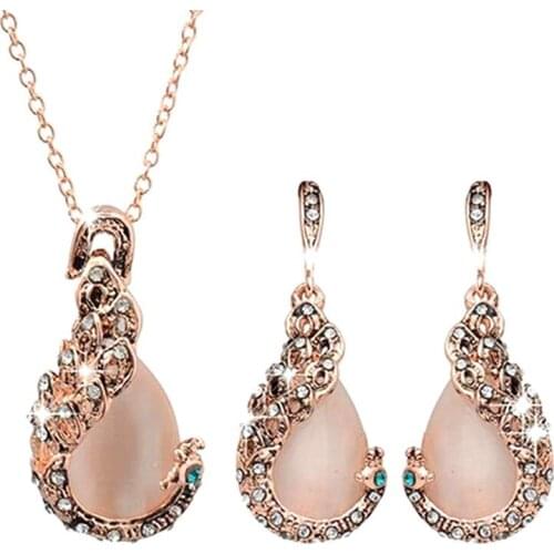 Luxury Female White Moonstone Jewelry Set Rose Gold Color Wedding Dangle Earrings For Women Charm Peacock Zircon Chain Necklace