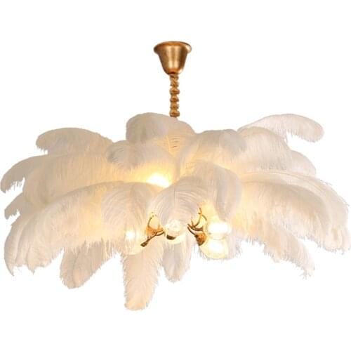 Hot Selling Modern Style G9 All Copper Ostrich Feather Hanging Light Fashionable Feather LED Lamp Bedroom Decoration Chandelier