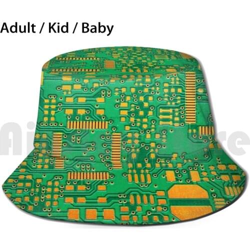 Green Electronic Circuit Board Sun Hat Foldable UV Protection Green Board Chip Circuit Closeup Component Computer