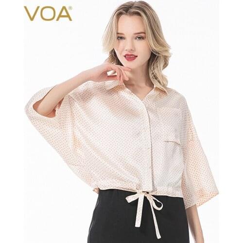 VOA Satin Silk Lapel Multicolor Optional Seven-point Bat Sleeve Hem Lace-up Waist Single-breasted Shirt Women BE92