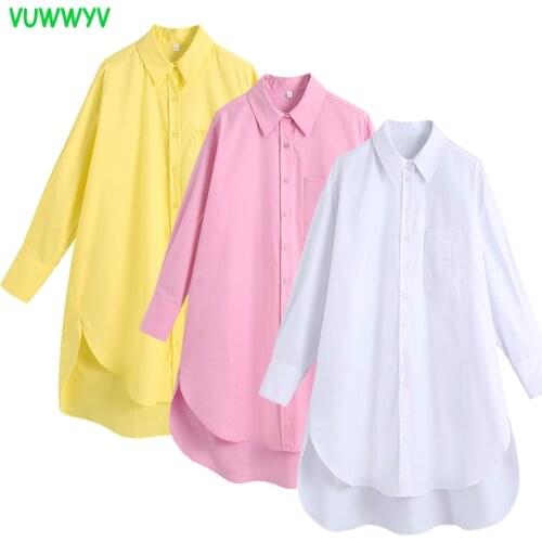 VUWWYV Za White Oversize Shirt Woman Pink Long Shirt Women Blouse Summer 2021 Yellow Top Long Sleeve Button Up Shirts Woman