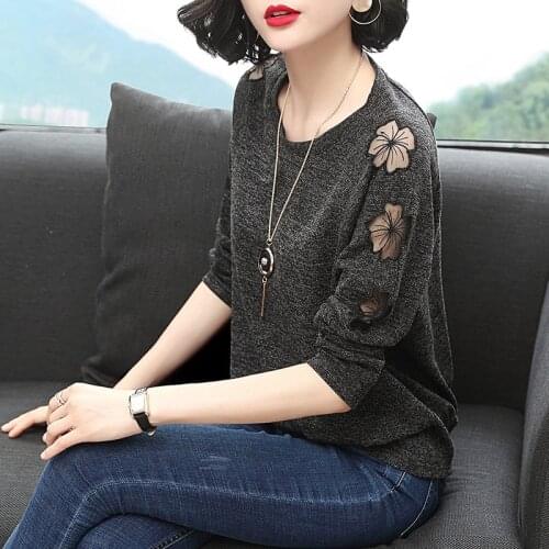 2021 Tops T-shirt Women Spring Skinny Bottom Shirt Loose Long Sleeve Pullovers Gauze Element T-shirt Large Size Hollow Out M 3XL