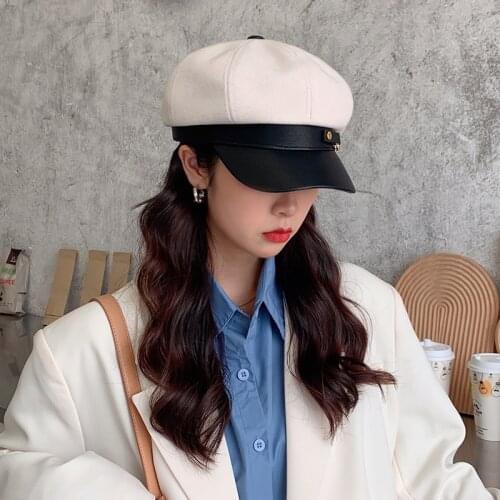 K257 Womens Hat 2021 New Beret Leather Buckle Octagonal Hat Womens kepi Korean Version Autumn And Winter Retro Painter Hat