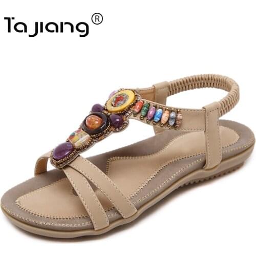 Tajiang Authentic New European and American ladies beaded sandals summer fighter sandals beach flat sandals T148-A8