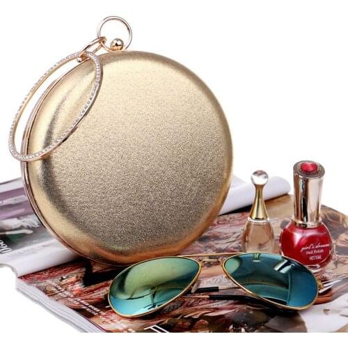 Round Shaped Women Evening Bags Diamonds Simple Clutches Chain Shoulder Bags Gold