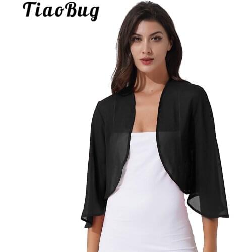 Women Elegant Chiffon Sheer Bolero Shrug Bridal Wraps Shawls Wedding Evening 3/4 Sleeve Open Front Jacket Cardigan Cover Ups