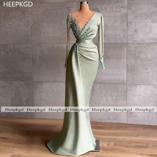 See Through Long Sleeves 2021 Evening Dress Mermaid Mint Green Crystals Satin Women Formal Gowns For Evening Custom Made