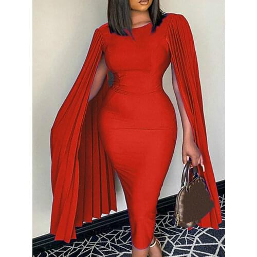 Women Party Dress Pleated Cloak Sleeve Elastic Bodycon Slim Fit Dresses Elegant Fashion Evening Christmas Birthday Outfits