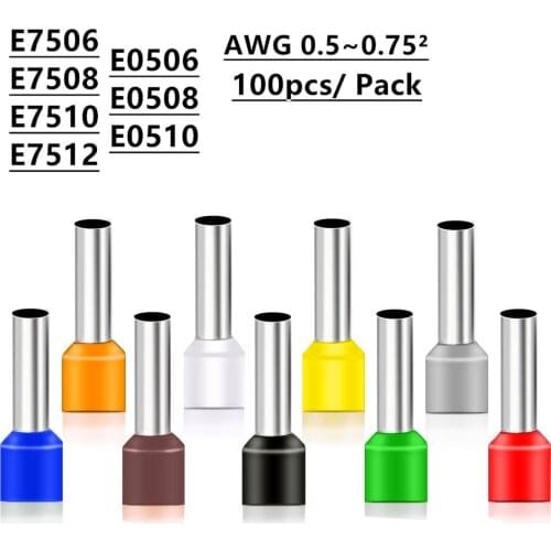 100pcs E0506 E0508 E0510 E7506 E7508 Insulated Ferrules Terminal Block Cord End Wire Connector 0.5~0.75mm2,Crimp Terminator