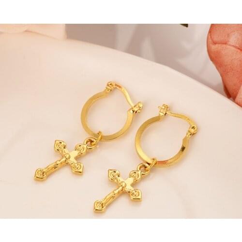 2pairs small cross drop earring lovely Jesus Christian Gold Dubai african Arab Middle Eastern Jewelry for women Mom kids Gifts