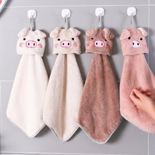 4 Pcs Pocket Pig Childrens Hand towel Cartoon Can Be Hung Up Absorbent Wipes Thick Coral Velvet Rag Cleaning Cloth Towels