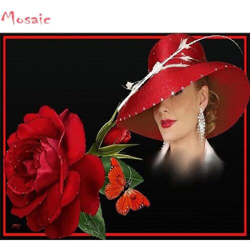 Diamond Painting Full Square Diamond Embroidery rose hat woman DIY Diamonds Mosaic Beaded Embroidery Hobby Pictures From Crystal