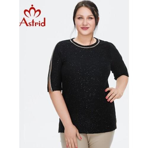 Astrid Womens Black Knitted Sweater 2021 Top Oversized Loose Clothing O-neck Diamond craft t-shirt Blouses Female