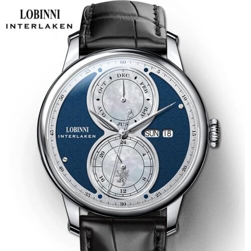 LOBINNI Multifunction Calendar Mens Watches Seagull Movement Men Mechanical Automatic Watches Sapphire Glass Waterproof Watch