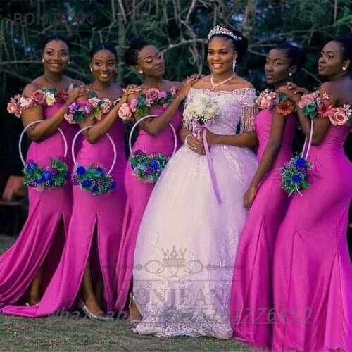 Fuchasia Bridesmaid Dresses Mermaid Off-The-Shoulder Flower Lace Up Back Black Girls Bridesmaid Dress Wedding Party Dress