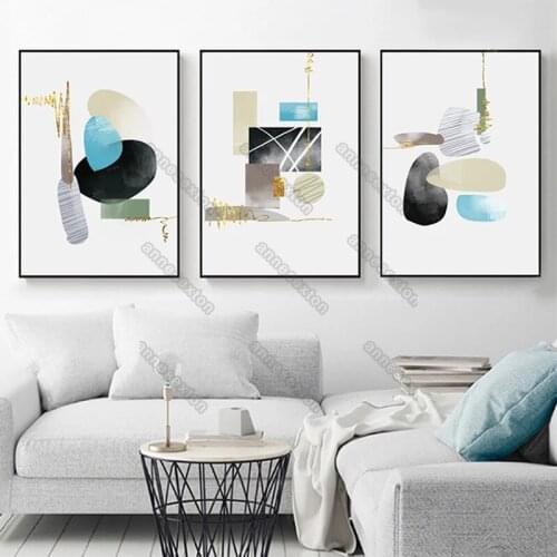 Modern Style Canvas Painting Poster Minimalist Ink Yellow and Blue Colors Brush Drawing Pictures for Home Rooms Wall Decoration