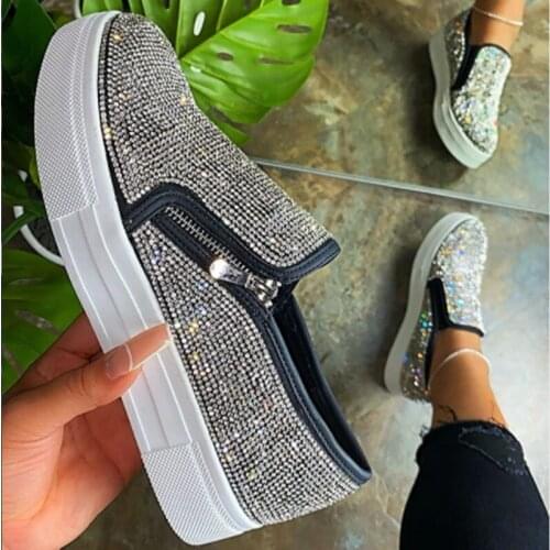 Akexiya Woman Sneakers Vulcanized Women Bling Crystal Loafers Autumn Womens Casual Flats Female Zip Sport Shoes Big Size 35-43