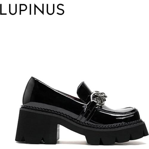 LUPINUS Fashion Double Metal Chain Design Women Loafers 2021 New Retro Chunky Heel Women Single Shoe Spring Platform Women Shoe
