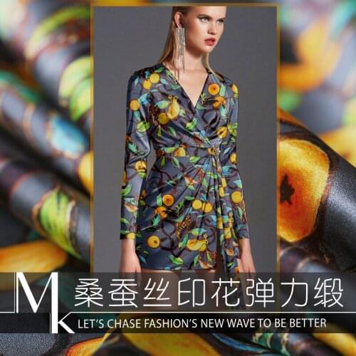 Silks store 19momme 93%silk 7%spandex Silk Stretch Satin Charmeuse Pansy Printed Fabric Fashion Cloth Diy Sewing Free Cheongsam